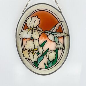 Vintage Stained Glass Hanging Hummingbird & Flowers Suncatcher 6x5 Painted Glass